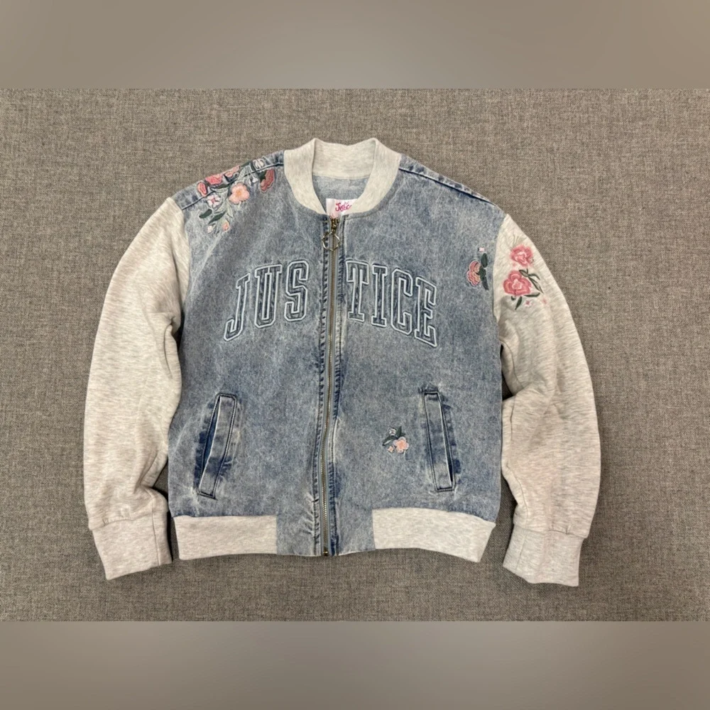 Justice Blue and Gray Bomber Jacket with Floral Design, Embroidery 0079